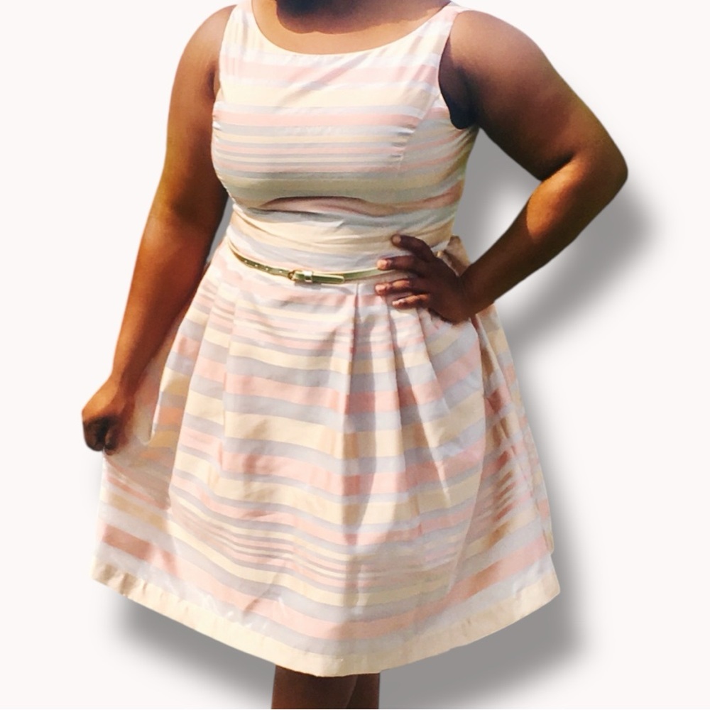 Gold-Hue Striped Sleeveless Dress with Belt